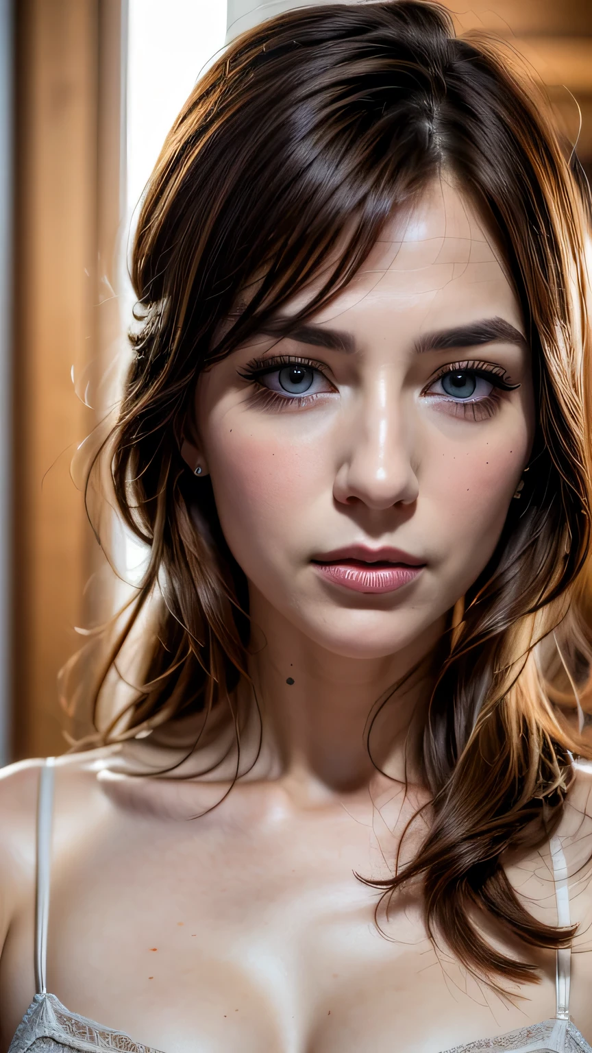 Very beautiful princess with bright eyes, Portrait of a 35 year old mature woman, Serious expression, rage, Ultra-realistic, Very detailed, Dynamic facial expressions, large natural breasts, Pastel purple garter set, Fine and beautiful eyes,Beautiful lip detail,Very detailed目と顔,Long eyelashes, Detailed face, masterpiece, 最high quality, high quality, High resolution, (((Upper body portrait)))､sexy