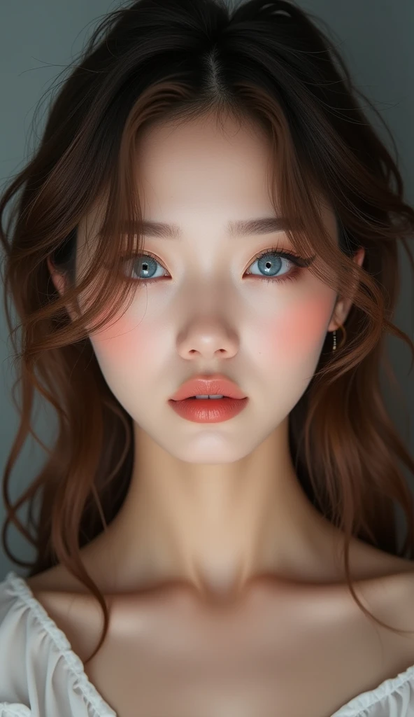 （32ｋ,high detal,high-detail、​masterpiece,Attention to detail,full body Esbian,solo,Lori：1.6),Raw photo & realistic atmosphere,beautiful dark blue eyes,Detailed mouth,Glossy lips,Detailed eyebrows,Eyes drawn in detail with soft white skin that shines in every detail、azure eyes,Very beautiful eyes,Detailed lips、Very beautiful face,Very well-formed face、Lifelike face,shiny beautiful lips ,（Brown shiny hair：1.5）,（A beautiful and cute girl ,Illuminate from the front：1.6）,（well-shaped breasts,,Body with good style,：1.5）,（Fashion influenced by K-pop female idols,Clothing based on K-pop fashion,Korean Coordination,natural make up,Japan beautiful girl who likes K-pop,K-pop Dance Fashion,Show full-body fashion：1.8）