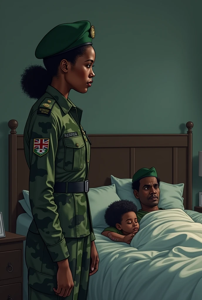 A Nigerian female officer standing wearing a camouflage uniform and beret by the bed side with a Nigerian man middle aged sleeping on the bed with a two years old son sleeping in their bedroom