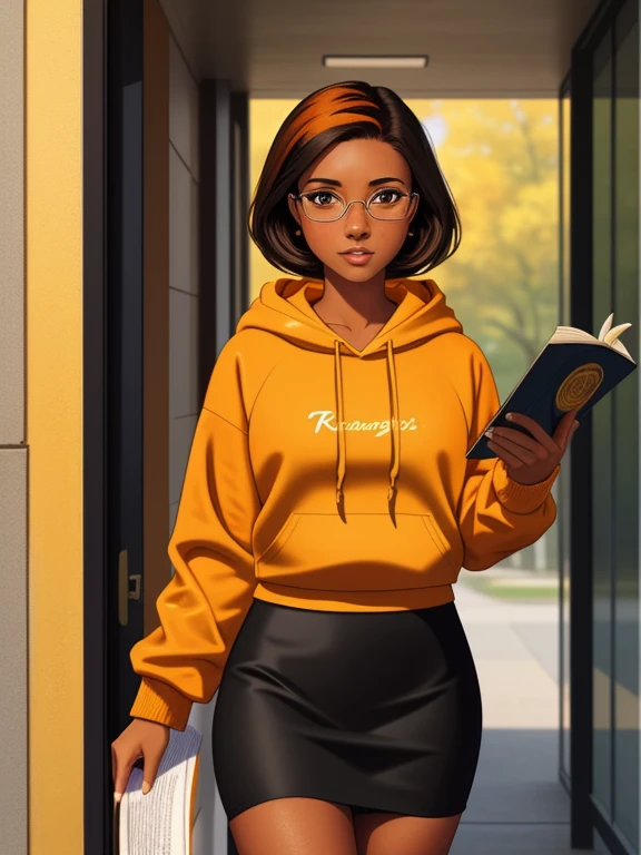 Masterpiece, 1girl, solo, 20 year old college student, she has tan-bronze skin with some freckles, short black hair with orange streaks, amber colored eyes, (she's wearing a yellow hoodie, tight black pencil skirt, reading glasses)
