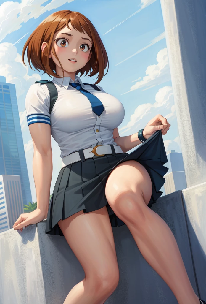 Masterpiece,Solo,1Girl,Ochako Uraraka,(My Hero Academia),Big Breasts,Perfect Body,Best Quality,High Resolution,Photograph 16K,Ultra Detailed,Short Hair,Beautiful,Beautiful Girl,Street Version,Blonde Hair,Female Police Theme,Female Police Uniform,Police Short Skirt,Police Hat