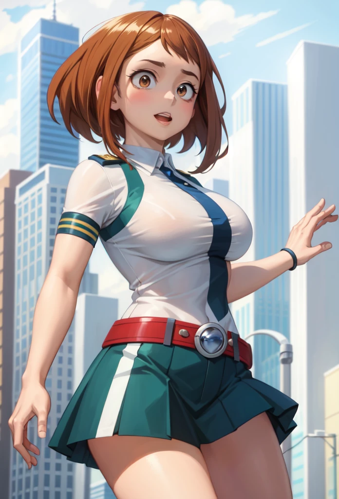Masterpiece,Solo,1Girl,Ochako Uraraka,(My Hero Academia),Big Breasts,Perfect Body,Best Quality,High Resolution,Photograph 16K,Ultra Detailed,Short Hair,Beautiful,Beautiful Girl,Street Version,Blonde Hair,Female Police Theme,Female Police Uniform,Police Short Skirt,Police Hat