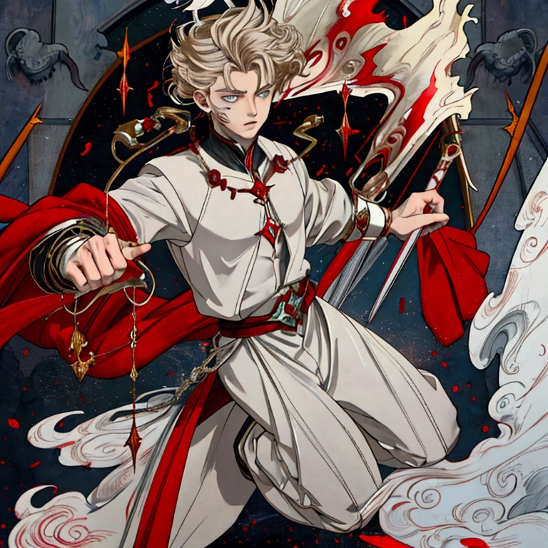 A 19-year-old boy, arcane sorcerer doctor of chaotic magic. In attack position. His body is pale white, light gray eyes, short wavy blonde hair, muscular and tall and robust and toned. With scarlet energy around, and scarlet energy emanating from his hands.