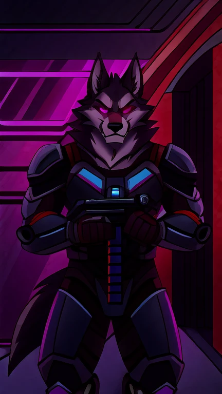 (masterpiece, best quality:1.2),  Vortex two male hellhounds, two male bodyguards, wolves, furry, helluva boss, hypnotized with glowing purple eyes, angry serious face, wearing futuristic armor, using a Pulse Rifle, Energy Rifle, Futuristic assault rifle, guarding the entrance of a big futuristic laboratory building background