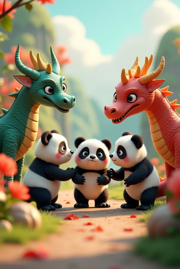 3Full-body pandas make friends with dragons,Has big eyes,Blushlush,lazy,greet, 。.。.。.3D, 4K
