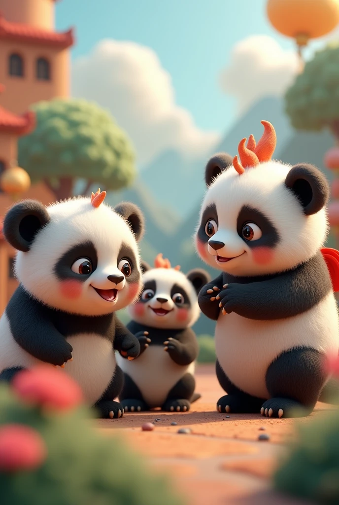 ３Full-body pandas make friends with dragons，Has big eyes，Blushlush，lazy，greet, 。.。.。.3D, 4K