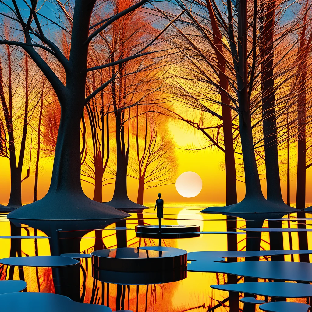 minimalist composition,Golden pond in the evening,Specular reflection of trees and water,Surrealism,clean background,cinema4d rendering style,high resolution photography,dream,minimalist sculpture art installation