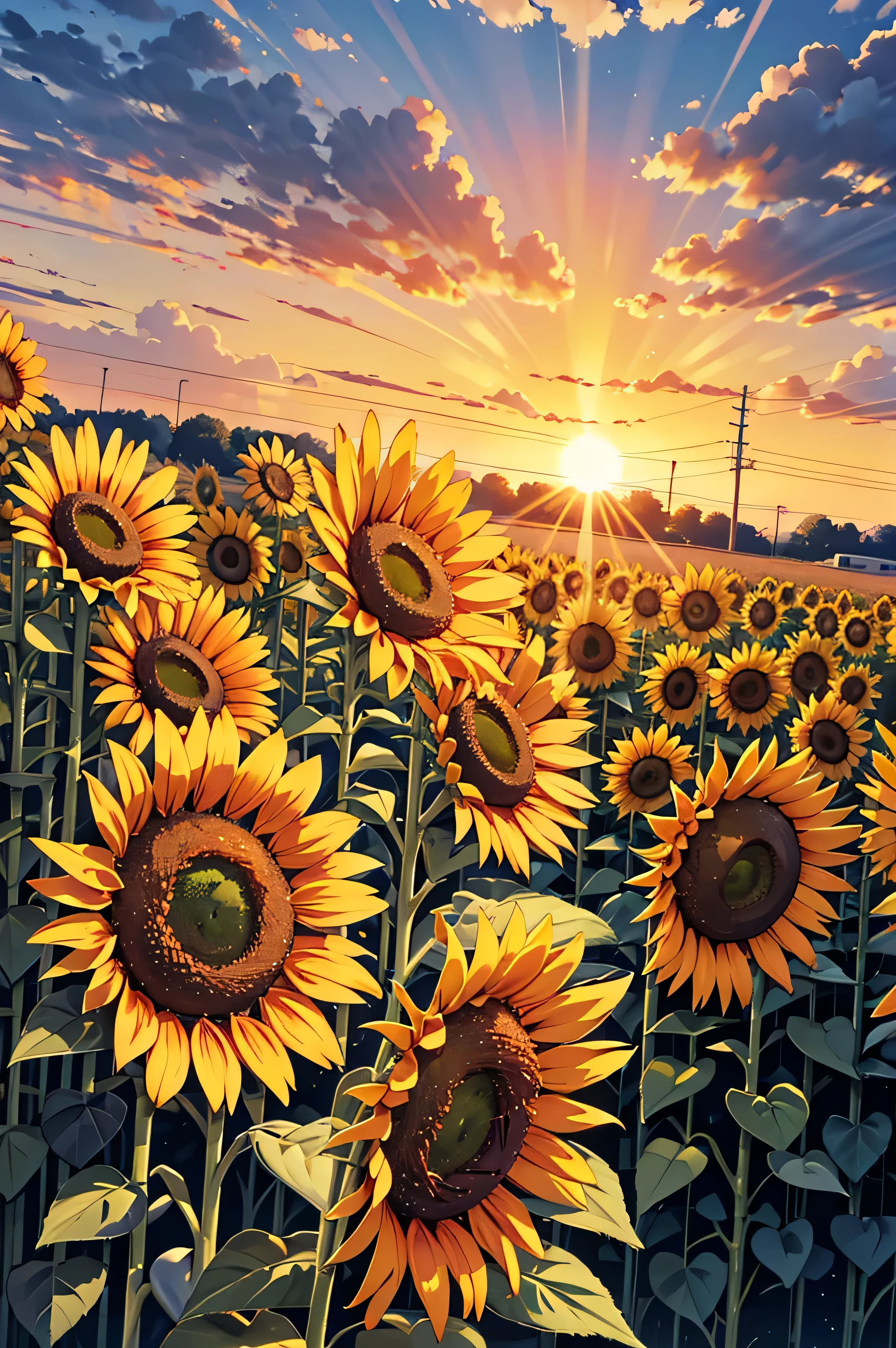 Sunflowers background at sunset, full 4K