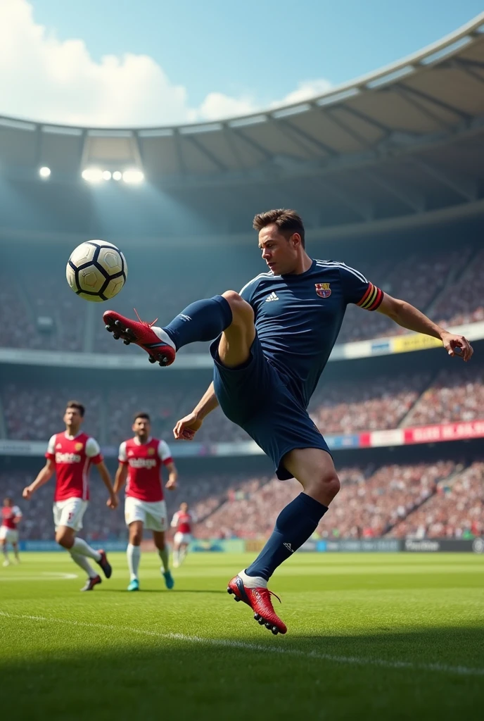 An image of Elon Musk scoring a bicycle kick past Buffon, with Messi and Cristiano in the background, surprised, in the Madrid stadium, and Ronaldinho dancing samba in the background.

