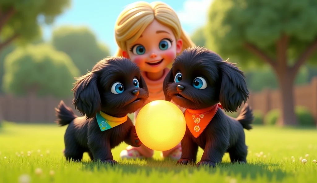 2 adorable black shih tzu puppies with big blue eyes wearing bright collars and bandanas holding a ball of sunshine at dog park, cute blonde girl with a pocket full of sunshine 3D Pixar style