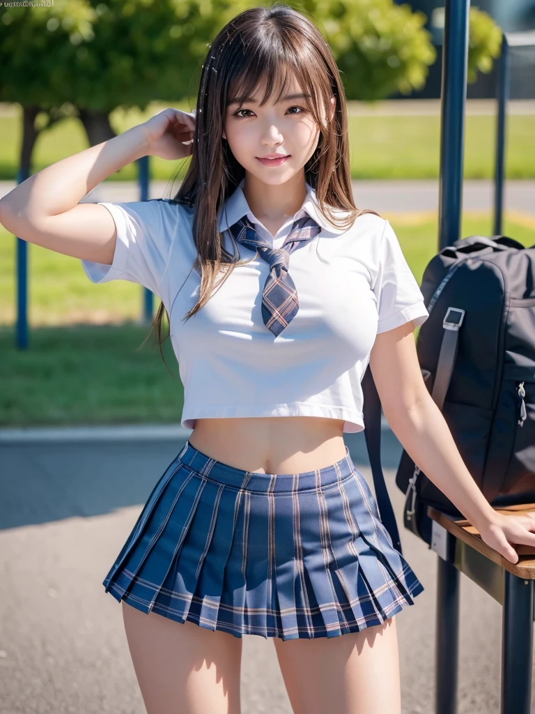 masterpiece,Highest quality,1 girl,Cowboy Shot,Front view,Young and cute Japanese,smile,Daytime,((Schoolyard,Other students:1.5)),Schoolgirl uniform,Summer clothes,wear,wear a super super short blue plaid pleated micro mini skirt,No underwear,Very cute face,Glossy Lips,Double eyelids on both eyes,(Natural Makeup),Shiny, smooth, long light brown hair,Asymmetrical bangs,Center image,8k resolution,Attention to detail,Detailed hairstyle,Detailed face,Cinema Lighting,Octane Rendering,Ultra-realistic,Perfect limbs,Beautiful legs,Voluptuous thighs,Huge breasts,(Glowing Skin,Sweaty:1.3)Perfect Anatomy,Spread your legs,((Provocative dynamic pose:1.5)),Skirt flip