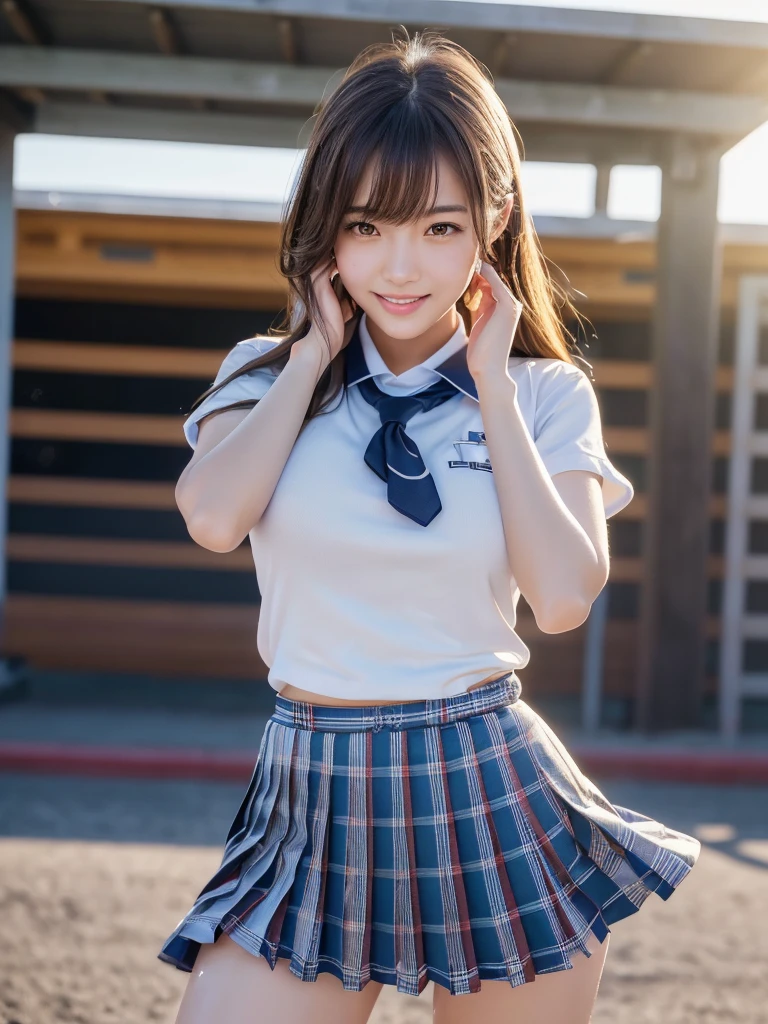 (one young girl), brown hair, (very detailed美しい顔), wonderful face and eyes, (expensiveest quality:1.4), (Super detailed), (very detailed CG 統合 8k 壁紙), very detailed, High resolution raw color photos, professional photography, realistic portrait, wonderful face and eyes, pink eyes, (expensive , pleated mini skirt:1.3), ((胸が開いたexpensive school uniform)), Idol、model, smile shyly, sitting, (open your legs), (((Bokeh))), written boundary depth, written boundary depth, ((grassland, flower garden)), (surrounded by many flowers, flowers:1.5), twilight, sunset, (view from below:1.3),A smile full of happiness、looks happy、slender、small 、Beautiful girl ranking top