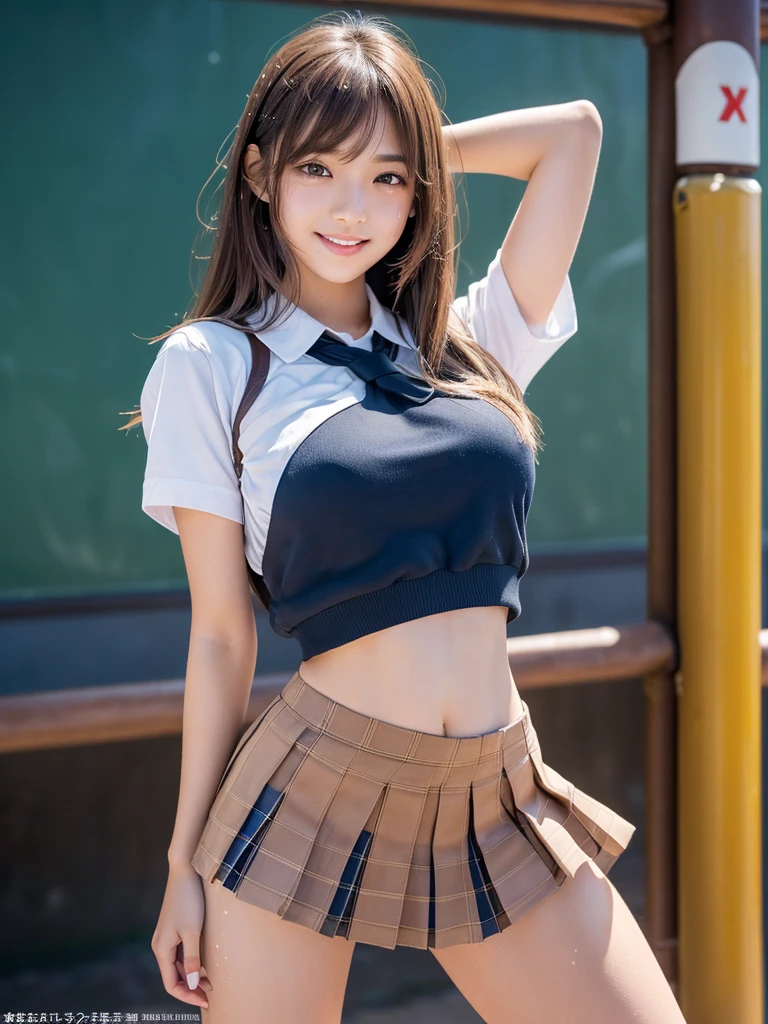 masterpiece,Highest quality,1 girl,Cowboy Shot,Front view,Young and cute Japanese,smile,Daytime,((Schoolyard,Other students:1.5)),Schoolgirl uniform,Summer clothes,wear,wear a super super short blue plaid pleated micro mini skirt,No underwear,Very cute face,Glossy Lips,Double eyelids on both eyes,(Natural Makeup),Shiny, smooth, long light brown hair,Asymmetrical bangs,Center image,8k resolution,Attention to detail,Detailed hairstyle,Detailed face,Cinema Lighting,Octane Rendering,Ultra-realistic,Perfect limbs,Beautiful legs,Voluptuous thighs,Huge breasts,(Glowing Skin,Sweaty:1.3)Perfect Anatomy,Spread your legs,((Provocative dynamic pose:1.5)),Skirt flip