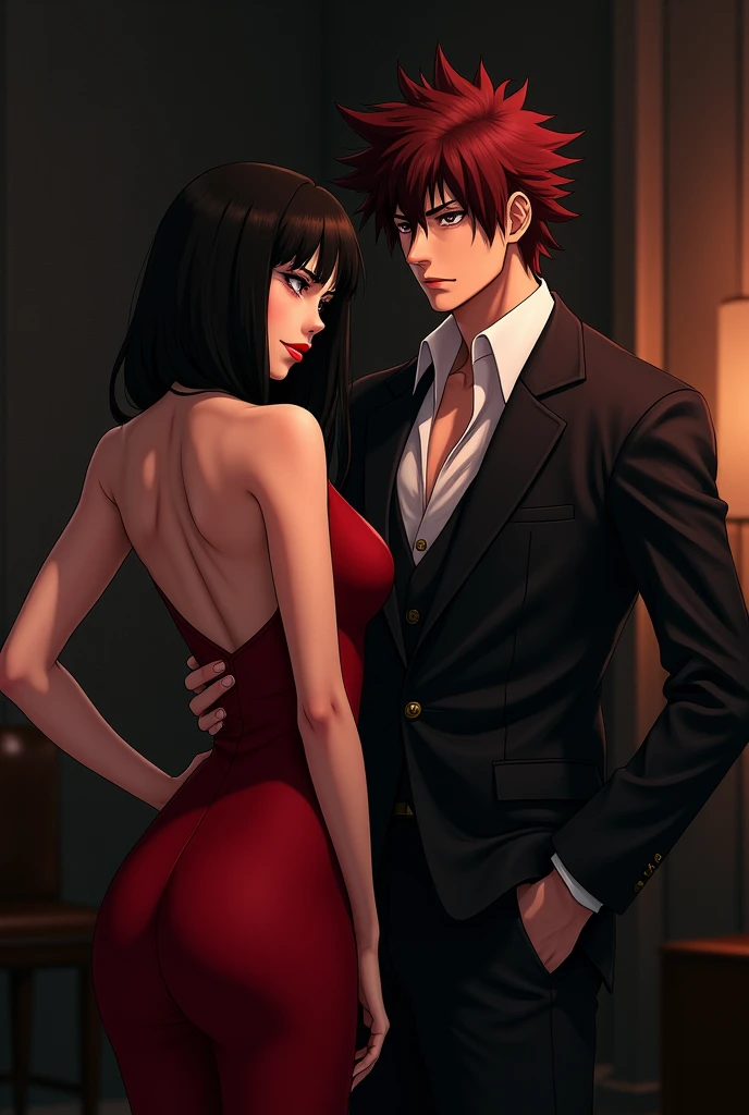 sasuke uchiha and sakura haruno, as a mafia couple. Sakura is clad in red sensual dress and sasuke is wearing a suit, with a shirt with open ons on his chest