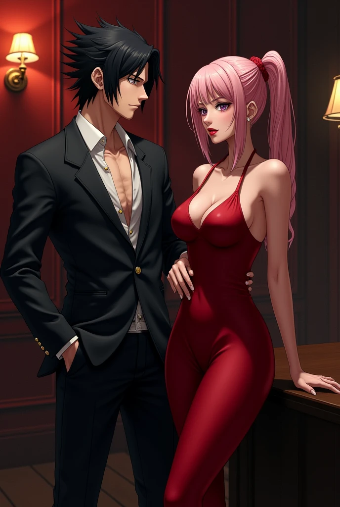 sasuke uchiha and sakura haruno, as a mafia couple. Sakura is clad in red sensual dress and sasuke is wearing a suit, with a shirt with open buttons on his chest