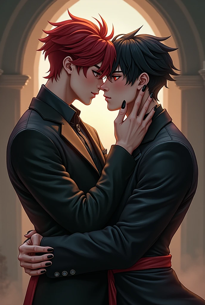 Gay boy couples one with red hair sea green eyes with black nail polish and second one with black hair red eyes like hayabusa character like hayabusa and hanzo from mobile legends with different pose