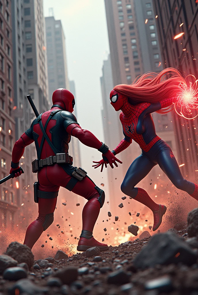 Deadpool, Spider-Man and Wanda fighting together 