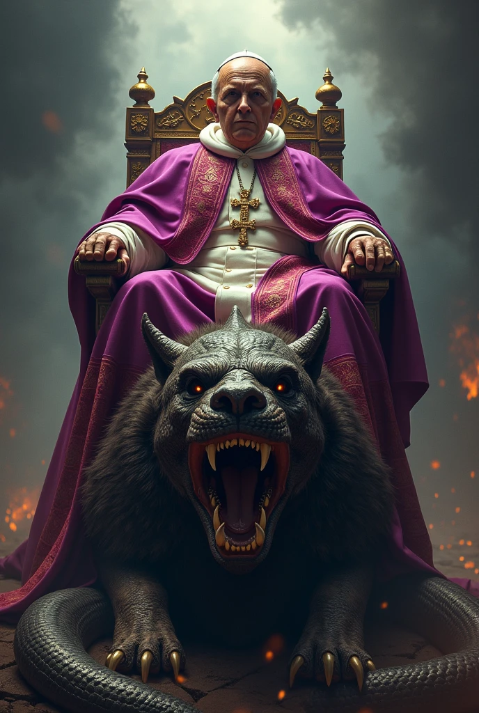 Pope Francis I dressed in purple and scarlet, sitting atop the beast of the apocalypse.