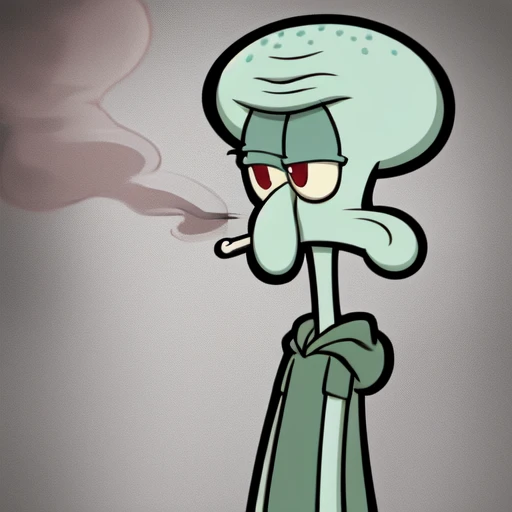 Cool detailed smoking Squidward, smoking expression, smoking, hoodie, chain, dramatic light, graffiti background