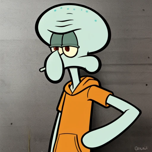 Cool detailed smoking Squidward, smoking expression, smoking, hoodie, chain, dramatic light, graffiti background