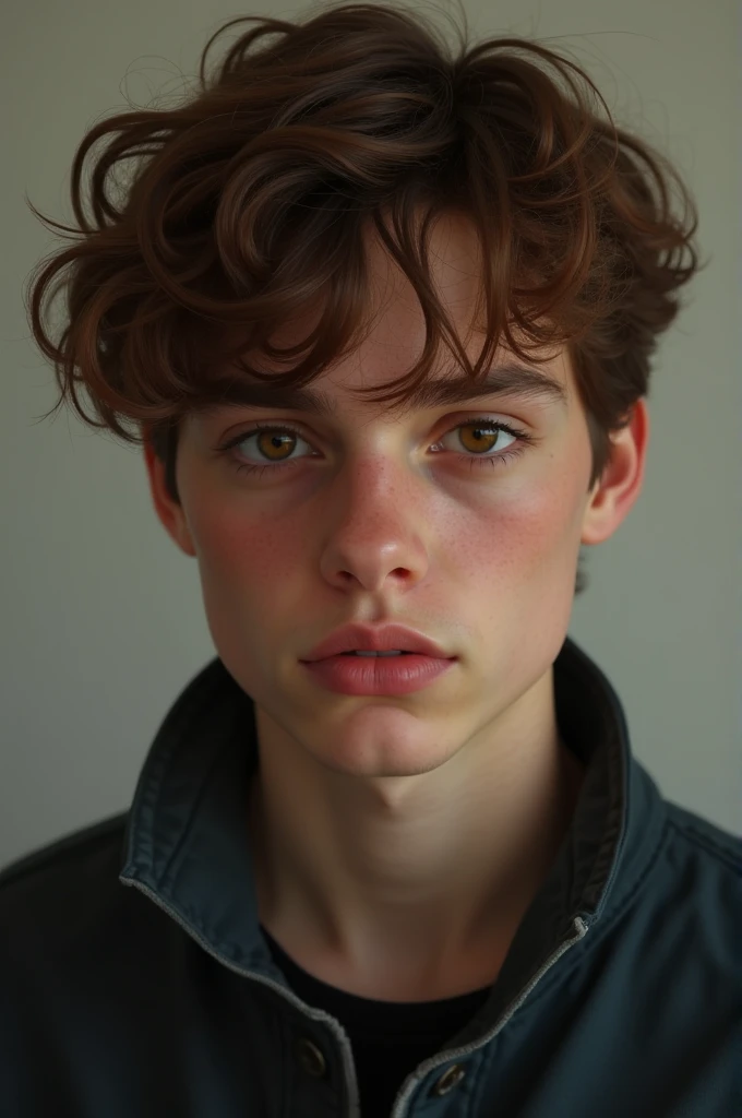 Mason Thames a old boy (chestnut, curly, Brown eyes, high, deep and serious gaze, marked and defined jawline, serious white)