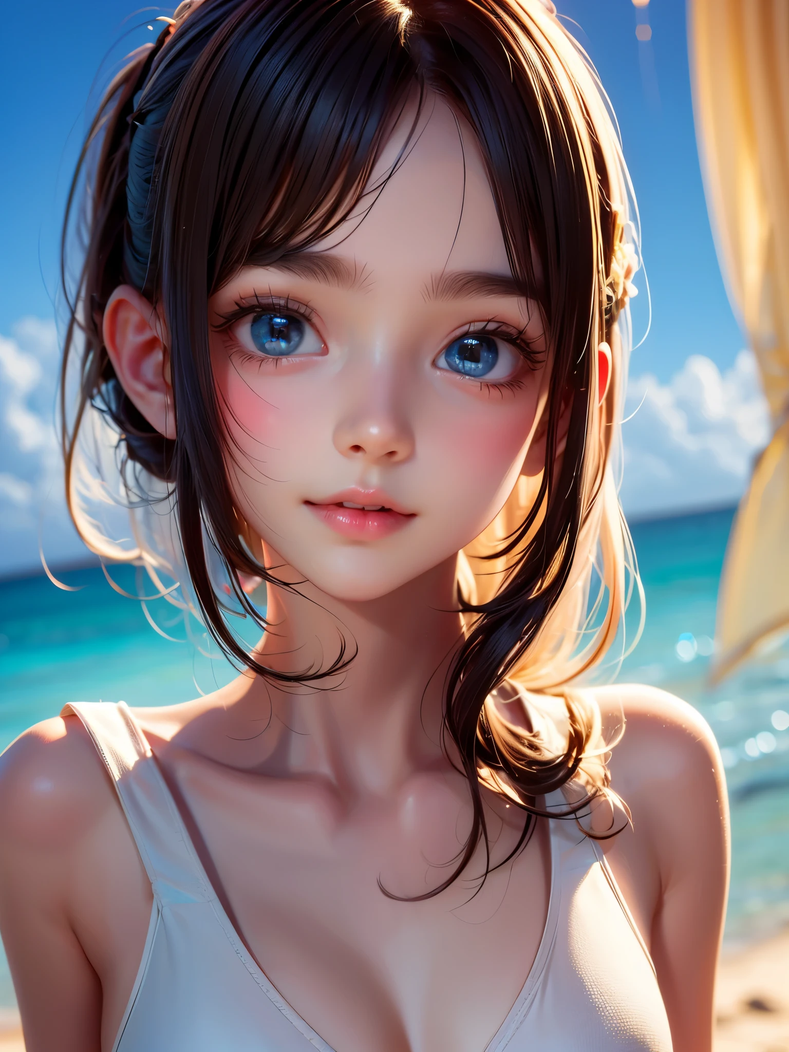 One Girl，(1人のとてもcute:1.3)，masterpiece，Highest quality，High resolution，From below，Low - Angle，Photorealistic，RAW Photos，Ray Tracing，Physically Based Rendering，beautiful girl，(15 years old:1.3)，cute，Big eyes，(detailed pupils:1.2)，(The face is facing straight ahead:1.3)，Body facing forward，Beautiful nose，High nose，Upturned nose，Fuller lips，Short black hair，ponytail，short hair，Detailed eyelashes，Thin eyebrows，Very fine grain definition，(Symmetrical eyes，Golden Ratio:1.3)，(Face close-up，Face Focus:1.0)，Small breasts，Short neck，White swimsuit，White Bikini，Ocean，Southern Island，Blue sky，White cloud，Portrait，View Viewer，Upper Body，Cinema Lighting，High resolution，Very detailed