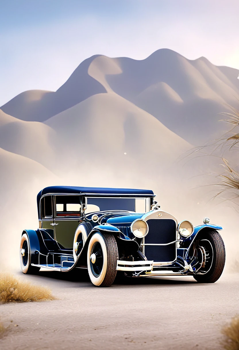 a vintage 1920s car, art deco style, highly detailed, photorealistic, (best quality,8k,masterpiece:1.2),(realistic:1.37),intricate detailed design, chrome accents, elegant curves, headlights, wire wheels, glossy paint, automotive engineering, industrial revolution, classic car, vintage, old-fashioned, antique, automotive history, transportation, machinery