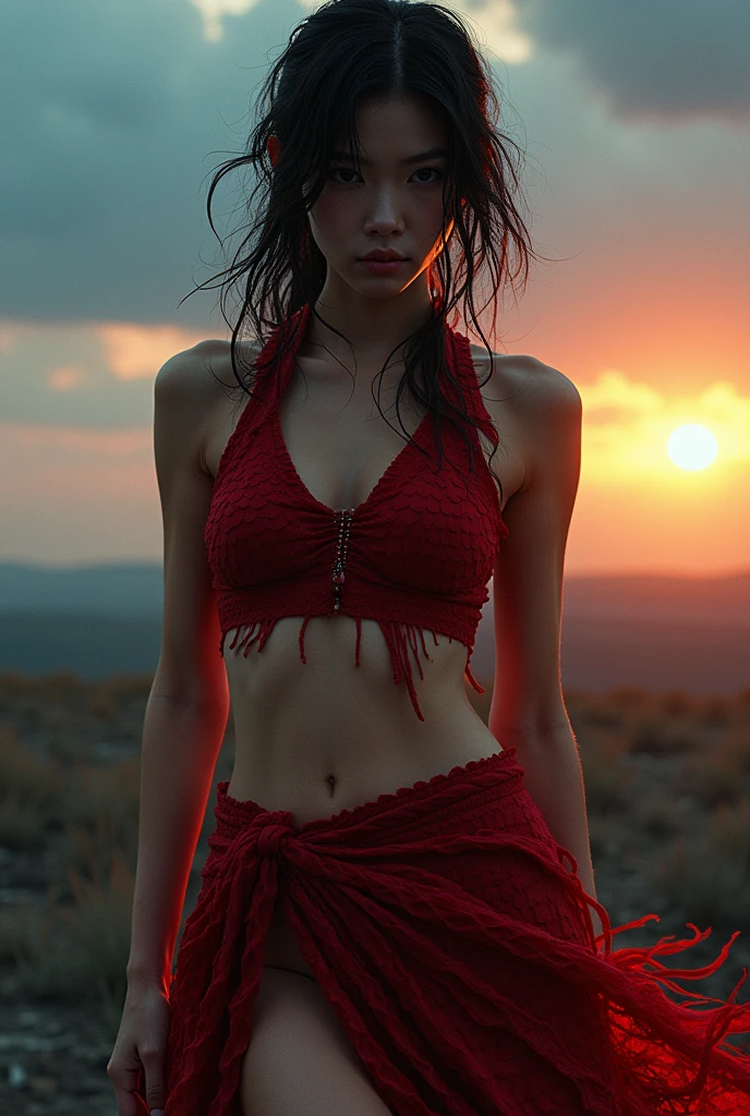 (top-quality、8k、masterpiece、UHD)、1girl in,Very beautiful 16 year old Japan woman、beautidful eyes、Bloodthirsty look、dark sky、the wind、Basking in the morning sun、Model body type、Show off your ass、Looks Back、Crimson fibers、 The shirt、Twisting the skirt、Dragon scales、thighs thighs thighs thighs、Looking at the camera、Focus on the eyes、bladerunner