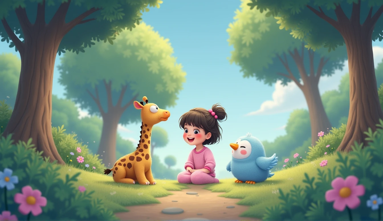 a little cartoon girl in pink pajamas, sitting next to a blue cartoon bird, A plush giraffe toy watches it all