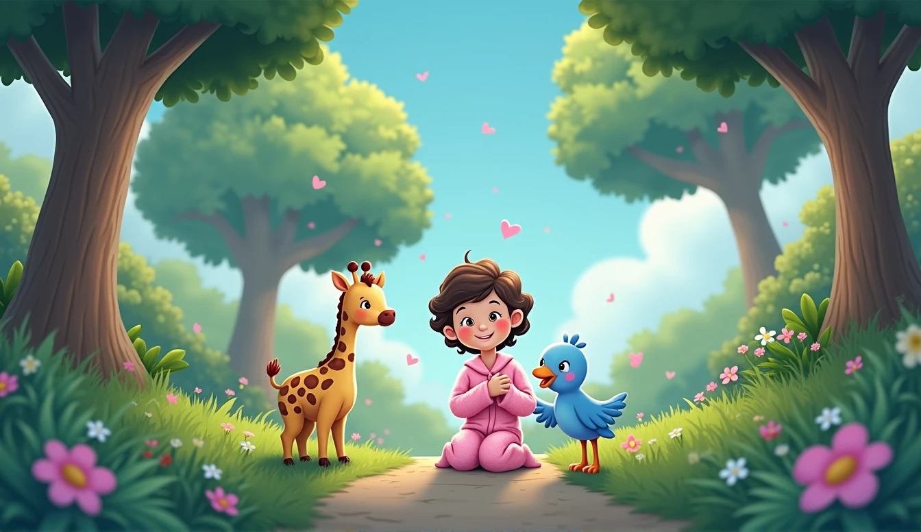 a little cartoon girl in pink pajamas, sitting next to a blue cartoon bird, A plush giraffe toy watches it all