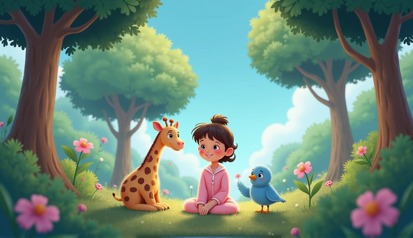 a little cartoon girl in pink pajamas, sitting next to a blue cartoon bird, A plush giraffe toy watches it all