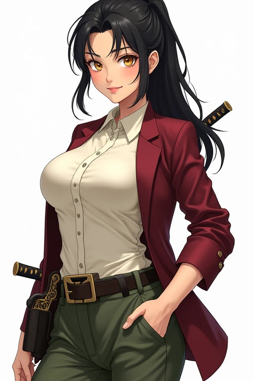 suit anime Japanese female yellow eyes black hair ivory shirt maroon jacket olive green pants. Large breasts, breasts are not visible, Long Hair Center Part Ponytail Smiling She is wearing a Japanese sword on her left hip.
