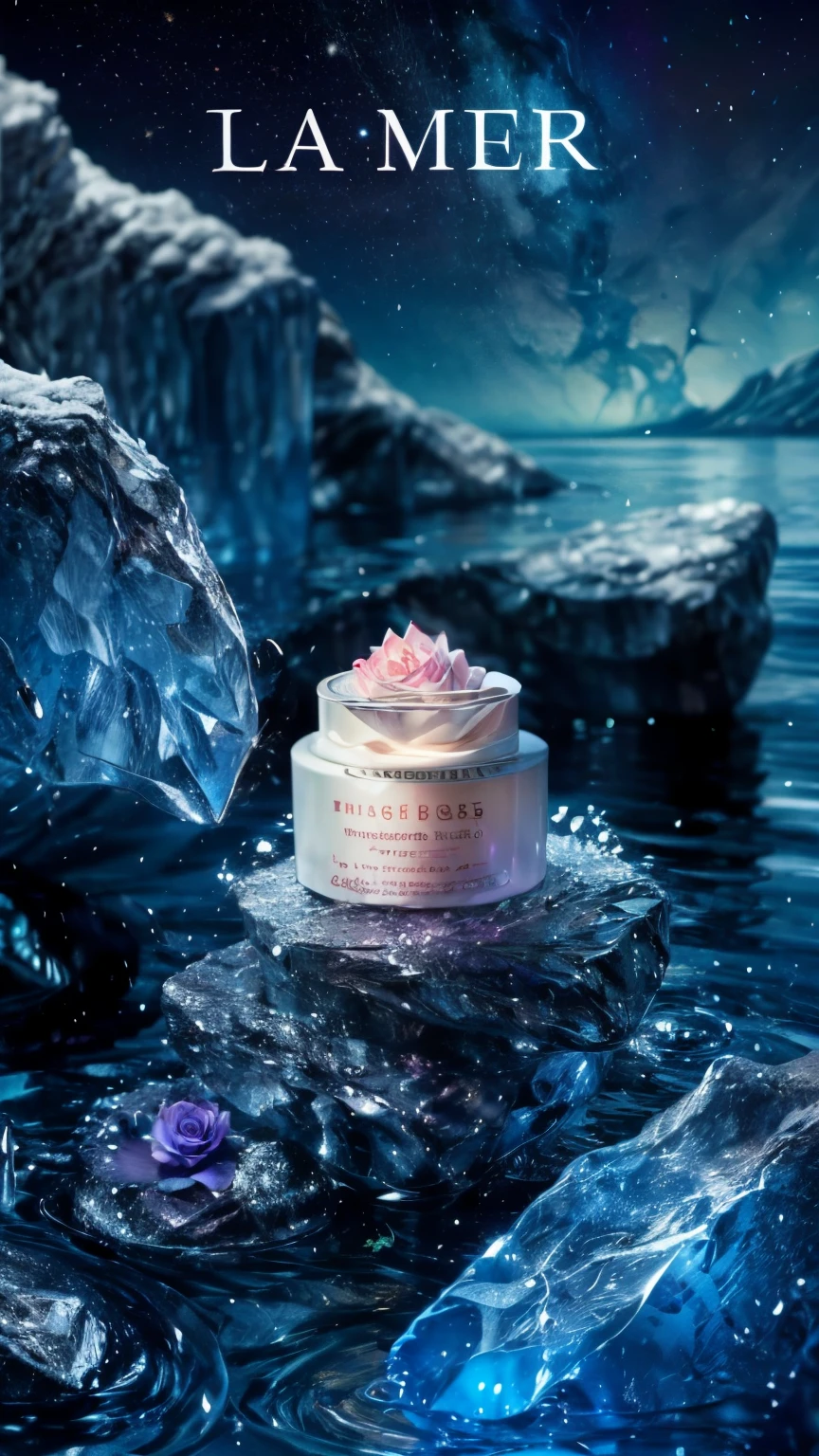 skincare advertisement,realistic,(1 cosmetic cream:0.8) placed on colorful crystals on the sea,surrounded by shining white roses. The background features a serene night sky with a gradient of purple and pink,suggesting the neon lights,(masterpiece:1.4),(8k:1.5)