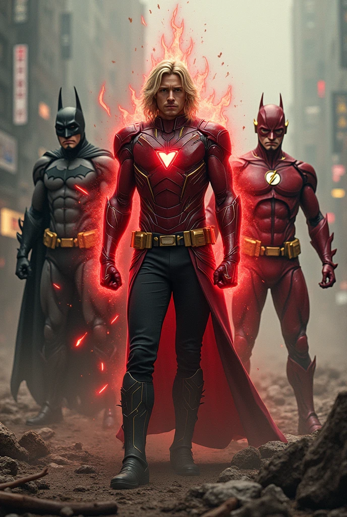 Draw Ironman with a destroyed suit, and Batman and Flash with destroyed suits. Also, draw a blonde man with medium-length hair, black pants and black boots, with red demonic symbols on his body who controls energy. 