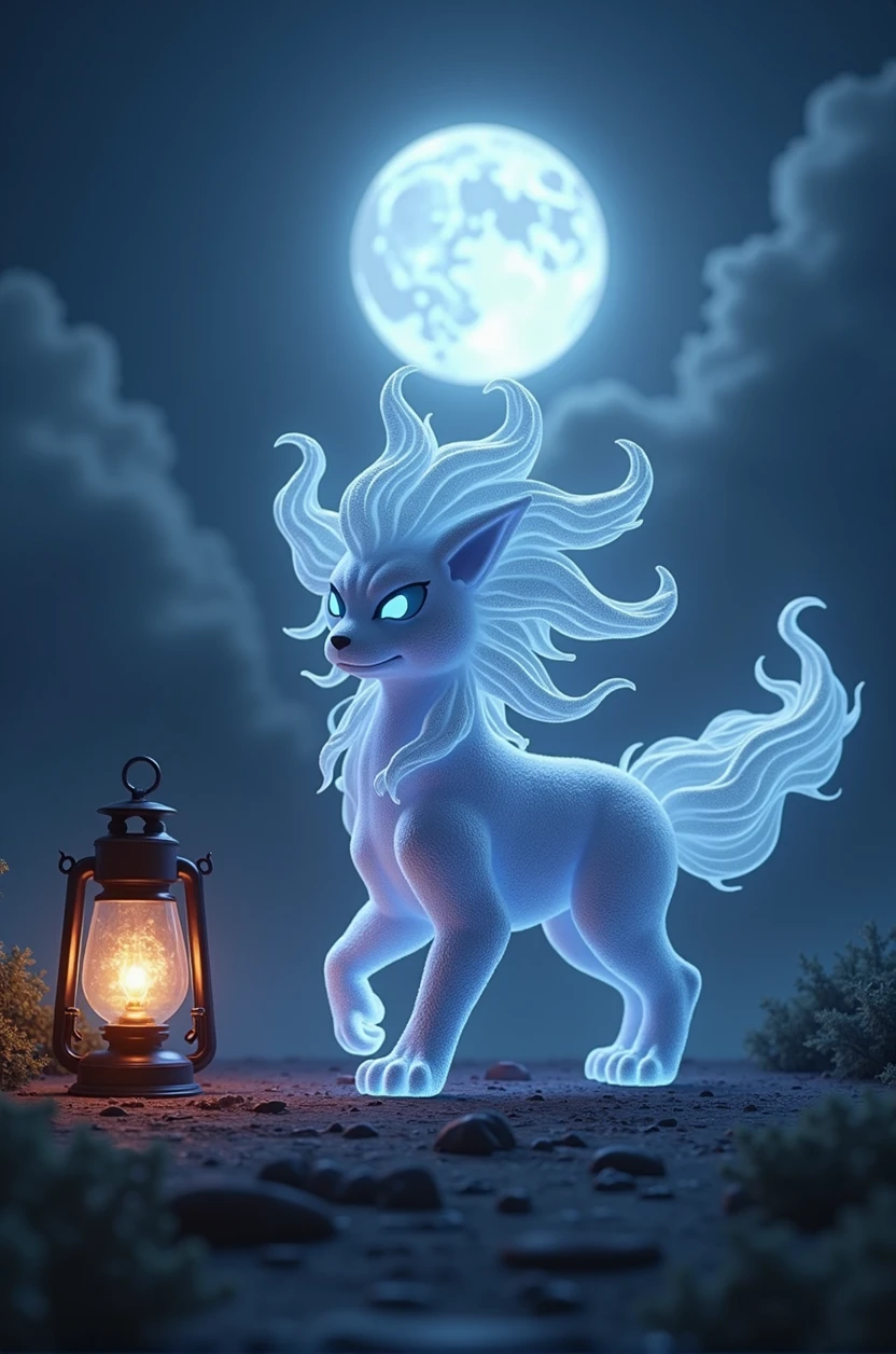Night moon background,Infernape Pokemon 3d, ghost style, lantern light,
