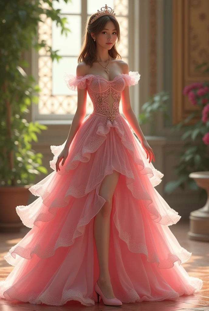 Create a princess with straight brown hair, wearing a pink princess dress with a lot of ruffles , pink shoes