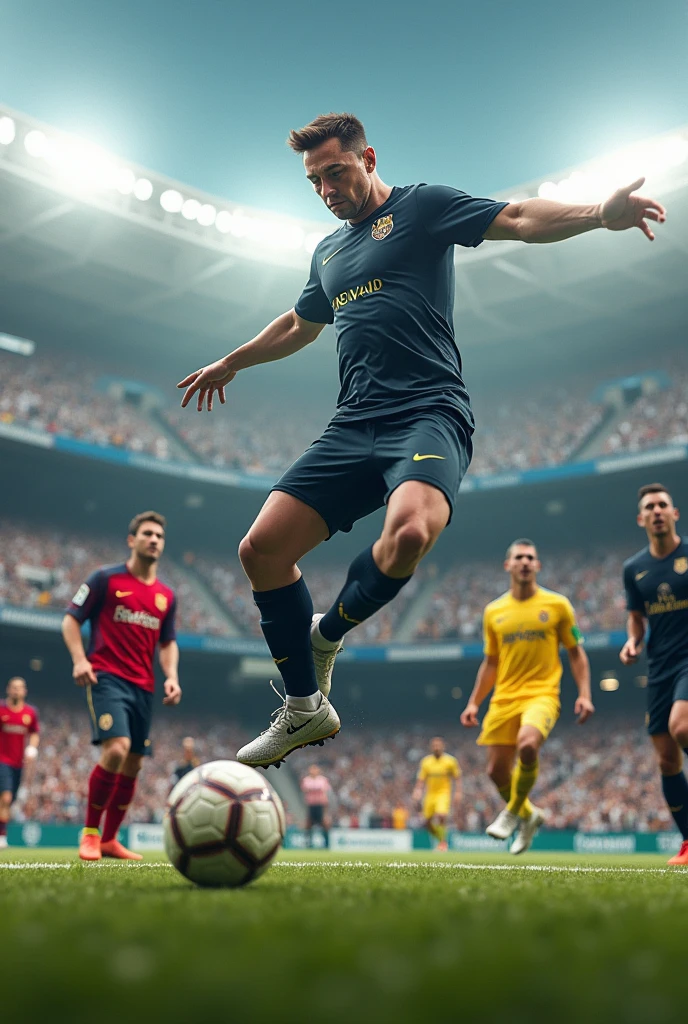 Elon Musk performing a bicycle kick past Buffon, while Messi and Cristiano stand in the background, surprised, at the Madrid stadium, with Ronaldinho dancing samba in the background.

