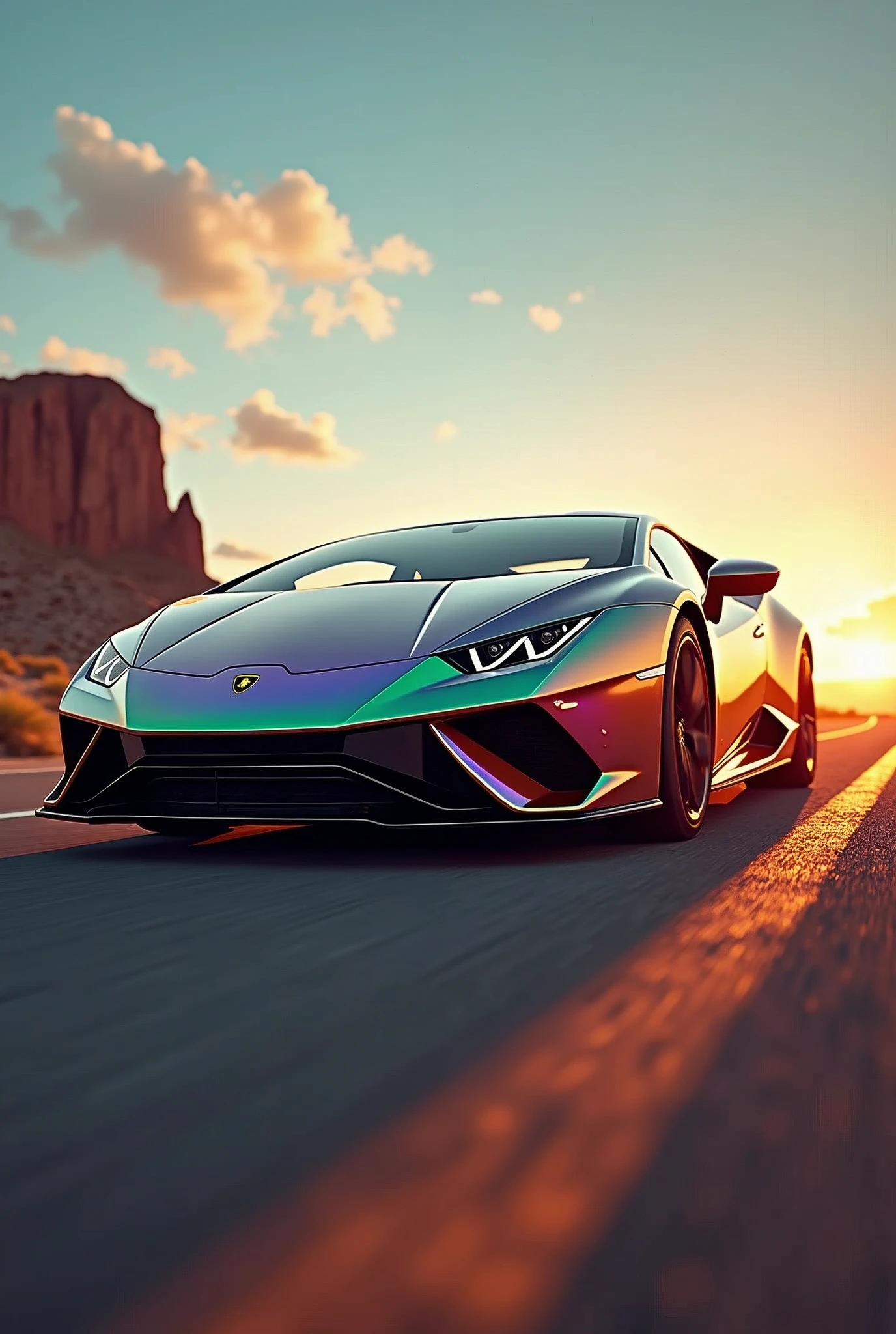 from above, dutch angle, Lamborghini Huracan, metallic iridescent color, Route 66, artistic photography, hyper realistic, graphic CG digital art