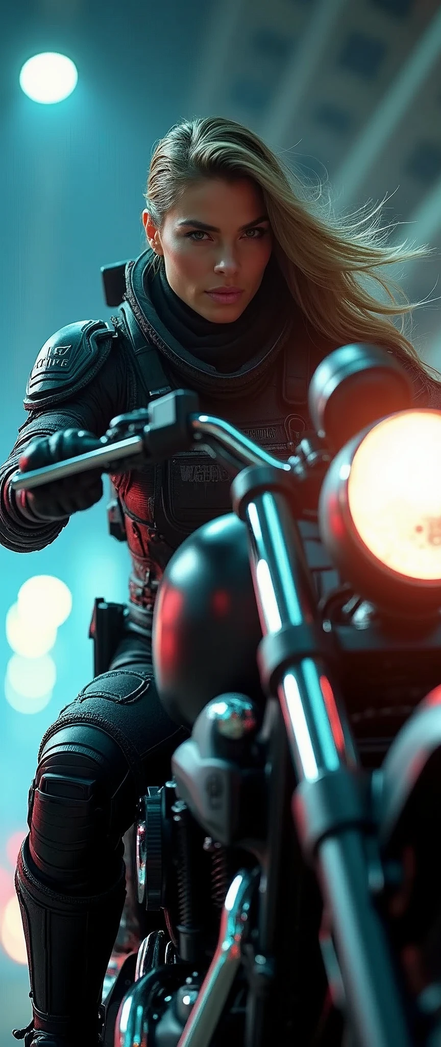 (masterpiece:1.2,Highest quality,Ultra-high resolution,Very detailed,Realistic,RAW Photos:1.2,Elaborate photos),8k,wallpaper,(Ray Tracing),(Future City:2.0),The world of science fiction movies,(cyber punk:2.0),(A beautiful woman driving a futuristic, heavy armored SWAT mecha motorcycle.:2.0),(Beautiful Face,Beautiful Eyes,Detailed face drawing,Detailed texture of the skin:1.3,Hair blowing in the wind),(A woman wearing a SWAT team's tactical mech bodysuit:2.0),(A dynamic angle from the front),night,(Rainbow-colored guiding lights:2.0),(The aircraft hurtled through the tunnel's curve at breakneck speed.:2.0),(Tunnel of Light:2.0),(Motion Blur),(Depicting the lean of a motorcycle going around a curve:2.0)