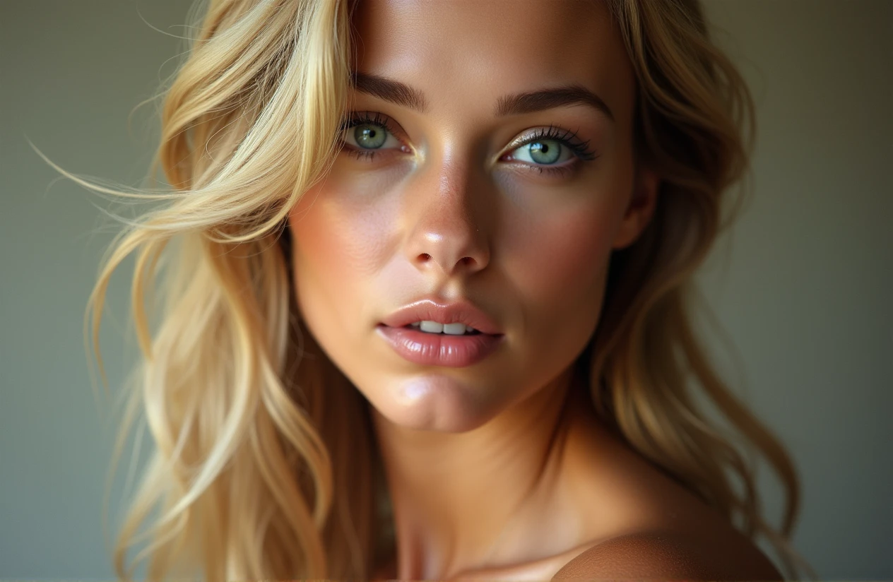 blonder woman, light green eyes, sexy mouth