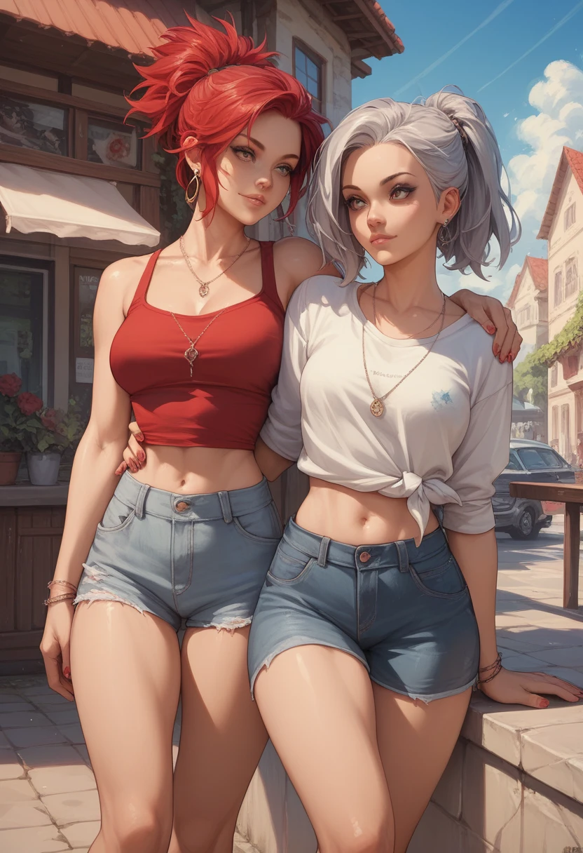 2 girls , one silver hair and one red hair girl , casual outfits