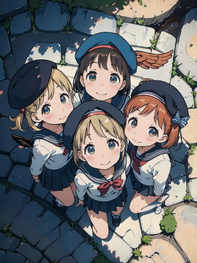 cute、daily、Group photo、Smiling face、Sailor suit、mini skirt、beret、(from above:2) 、bright、on the cobblestone