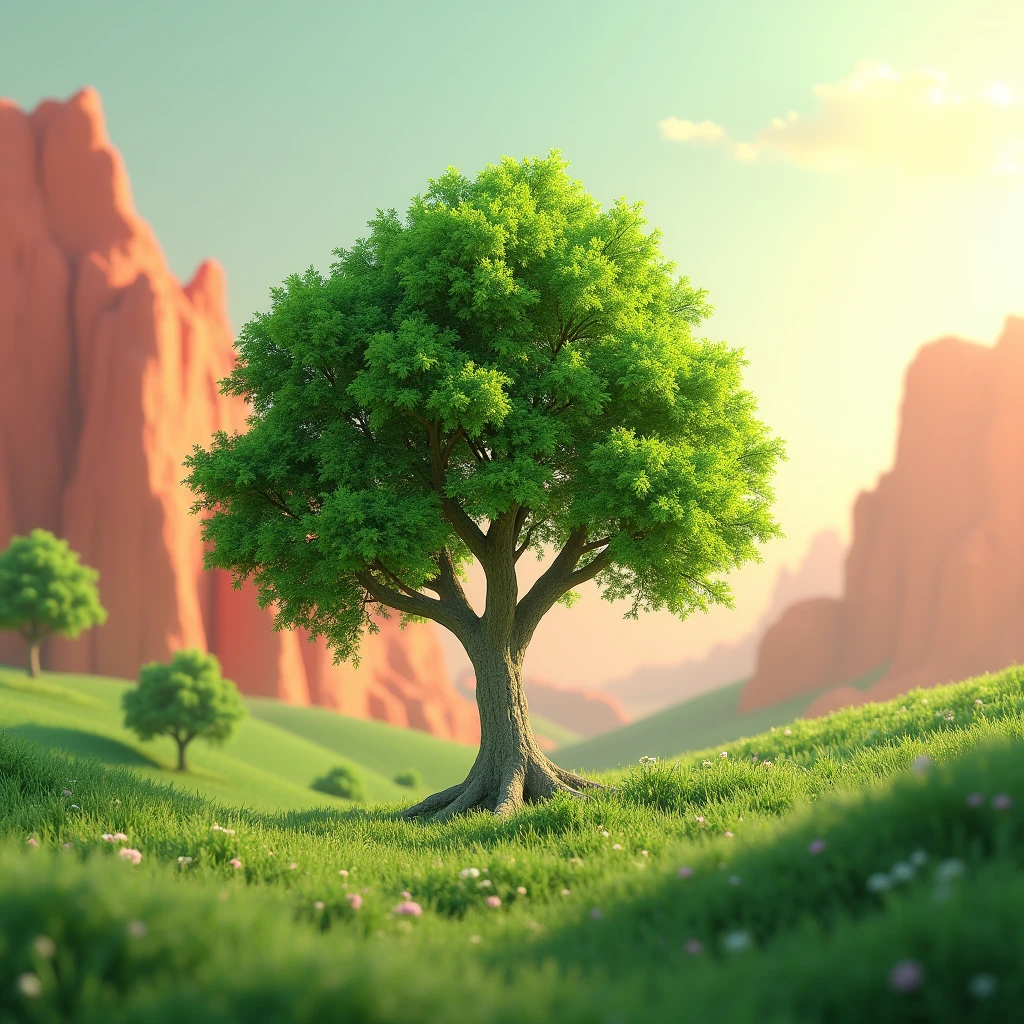 3d photo of tree. Which is situated in natural beautifull place. The background color is, mixing (red+green) color