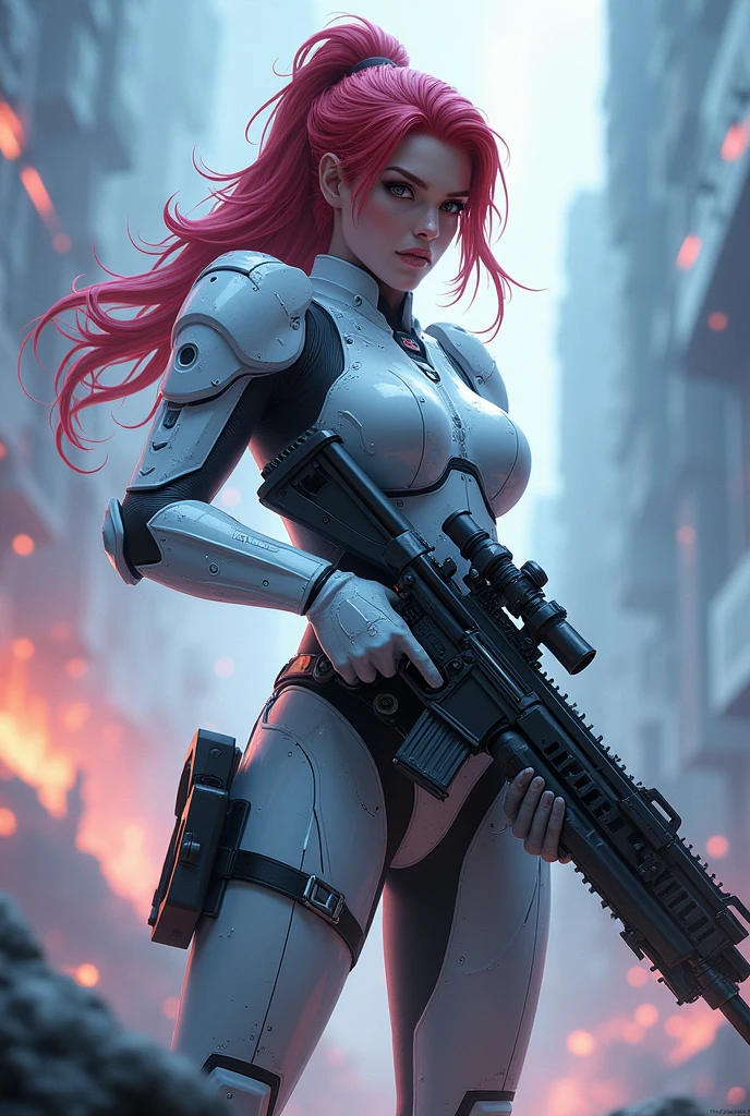 gearstorm girl (Lieutenant, Sarah Kerrigan, beautiful face, red ponytail long hair), wearing a white Terran Ghost psionic energy sniper gear with neon light, with rifle (C-10 Canister Rifle) aiming at viewer with cloudy sky in background, concept art inspired by Star Craft, cgsociety contest winner, fantasy art, of a sniper girl in war, high quality digital concept art, stealth ghost assault soldier girl, epic sci - fi character art, epic sci-fi character art, infantry girl, fps game concept art, detailed game art illustration, Inspired by Star craft,