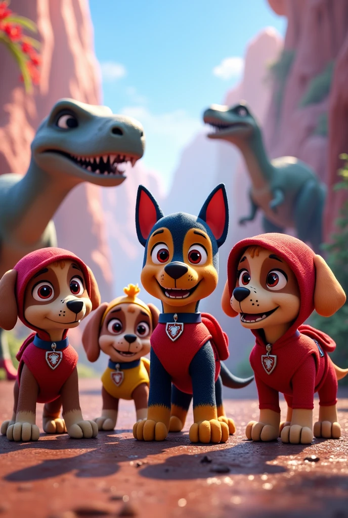 A party panel in the Spiderman theme, with the paw patrol team dressed as spiderman, The dinosaurs in the background watching 