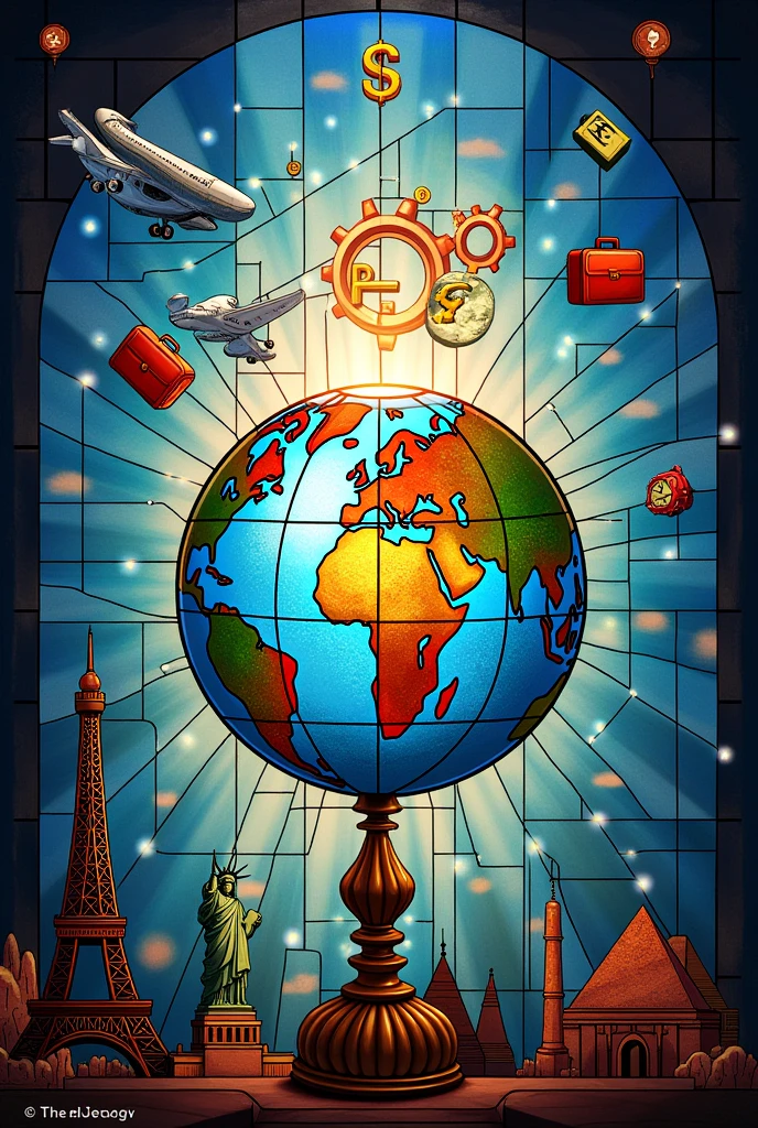 Stained glass concept. A small globe in the center , connect countries with white lines. Surround globe by floating separate objects:1 plane , 3 connected gears , 2 suitcase , money (dollar,peso,euro,yen) , wifi symbol, socialmedia icons. At the bottome are the eiffel tower , statue of liberty , pyramid , and buildings and structures.