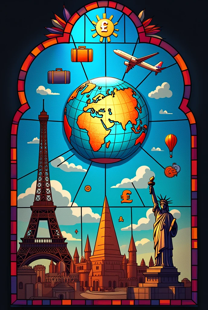 Stained glass concept. A small globe in the center , connect countries with white lines. Surround globe by floating separate objects:1 plane , 3 connected gears , 2 suitcase , money (dollar,peso,euro,yen) , wifi symbol, socialmedia icons. At the bottome are the eiffel tower , statue of liberty , pyramid , and buildings and structures.