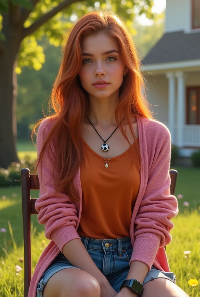 Portrait of a 17 year old Persian girl with long, straight red hair, wearing a black soccer necklace and watch wearing an orange shirt and short jeans and a pink cardigan,sitting on a chair in front of a beautiful simple house surrounded by green trees in the morning atmosphere near a simple house in the light of the bright morning sun,standing facing the camera 