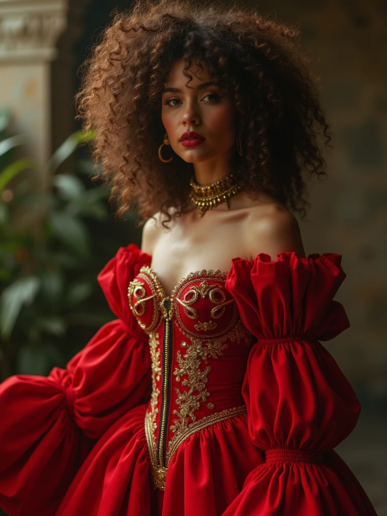 The witch, Gerzo，Fluffy brown curls，Red gold-rimmed exotic dress