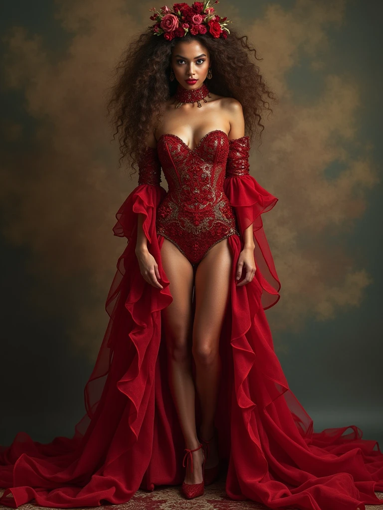 The witch, Gerzo,Fluffy brown curls,Red gold-rimmed exotic dress